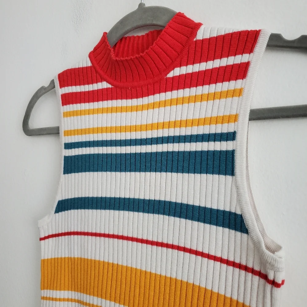 Forever 21 Ribbed Knit Mock Neck 70s Stripe Retro Sleeveless Sweater Tank Top - Picture 4 of 6